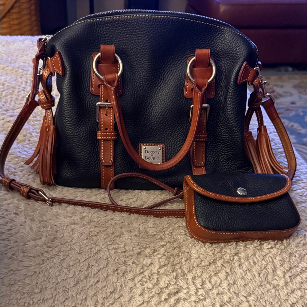 Dooney & Bourke Black and Tan Pebble Leather Satchel